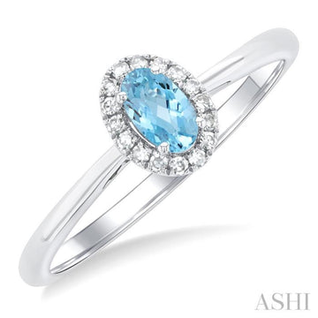 5x3 MM Oval Shape Aquamarine and 1/20 Ctw Single Cut Diamond Halo Semi-Precious Ring in 14K White Gold